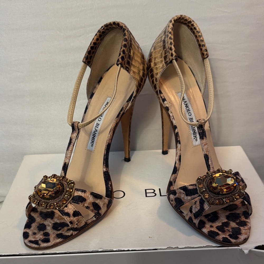 Manolo Blahnik Animal Print Embellished Heels